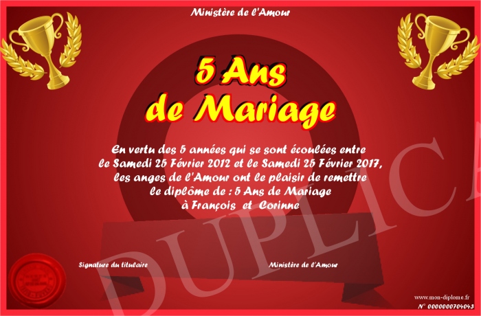 diplome 5 ans de mariage